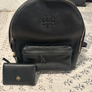 Tory Burch Black Pebbled Backpack and Wallet